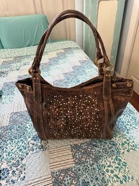 Frye Deborah Distressed Studded Leather Shoulder Tote